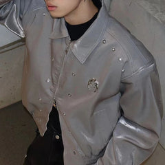 Hearujoy Mens autumn y2k cyberpunk metallic street shoulder pad two-way zipper jacket genderless short casual fashion trendy loose jacket