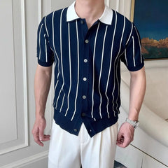 HEARUJOY - Men's Knitted Stripe Short Sleeve T-Shirt, New Summer Fashion Trendy Brand Youth Versatile Casual Polo Shirt