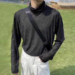 Hearujoy Mens Autumn Thin High Collar Slightly Transparent Mesh Long Sleeve Diamond T-Shirt Genderless Couple Youth Trend Sexy Top Unisex