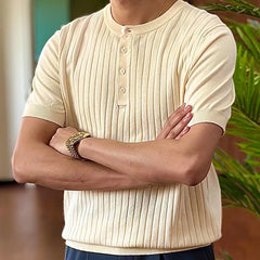 HEARUJOY - Cotton Blend Breathable Comfortable Trendy Knitted T Shirt Homme Top Quality T-Shirt Man Henry Neck Short Sleeved T-shirt Man