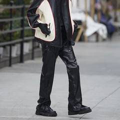 Hearujoy Autumn Winter Men's Leather Motorcycle Pants Black Punk PU Pants Men Women Straight Mopping Trousers Streetwear Waterproof