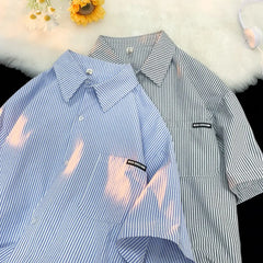 HEARUJOY - Japanese Striped Fashionable Short-sleeved Shirt Men Summer Thin Fashion Loose and Versatile Student Casual Shirt Aesthetic