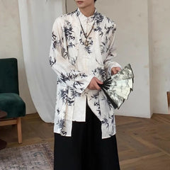 HEARUJOY - New Autumn And Winter Chinese Style Stand-Up Collar Button Bamboo Shirt Unisex Fashion Casual Loose Printed Long-Sleeved Shirt