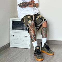 Hearujoy Summer Genderless Unique Camouflage Casual Cargo Shorts Unisex American High Street Fashion Outdoor Loose Five-Quarter Pants