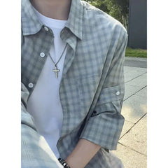 HEARUJOY - Mens Long Sleeve Plaid Shirt Casual Spring Autumn Fashion Shirt Streetwear Urban Comfort Fit Breathable Lightweight Wear