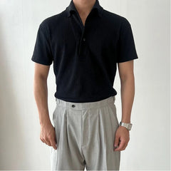 HEARUJOY - American Muscle Summer Fitness Suit Men's Elastic Breathable Sports Men's T-shirt Vertical Thread Slim Lapel Short Sleeves