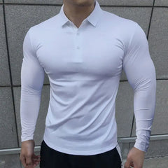 HEARUJOY - Korean Autumn Casual Fitness Polo Shirt Men Solid Button Slim Elastic Versatile Sports Breathable Quick Drying Long Sleeved Tops