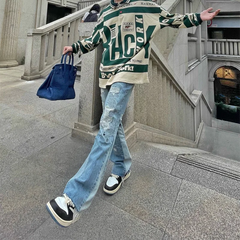 HEARUJOY - Hole Ripped Straight Baggy Men Flare Jeans Pants Patchwork Distressed Washed Vintage Loose Punk Denim Trousers