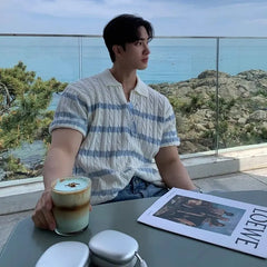 HEARUJOY - Twist striped knitted polo shirt short-sleeved men's Korean style slim and versatile casual lapel T-shirt trendy