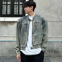 HEARUJOY - Male Denim Jackets High Street Shoulder Pad Design Patchwork Solid Men Short Coats American Style Loose Short Outwear Zipper