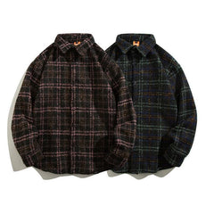 HEARUJOY - Japanese Retro Woolen Plaid Shirt For Men Autumn Winter Long Sleeved Top Fashion Vintage Shirts Coat Trendy Clothing Streetwear