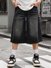 HEARUJOY - Men Streetwear Baggy Jorts Low Waist Cropped Black Jeans Distressed Y2k Casual Wide Pants Denim Shorts Male Trousers