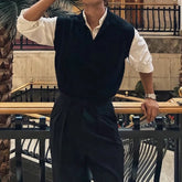 HEARUJOY - Stylish Mens Sleeveless Knitting Jumpers Spring Autumn Trendy Solid Color Lapel Buttoned Men Sweater Vintage Slim Knit Tank Tops