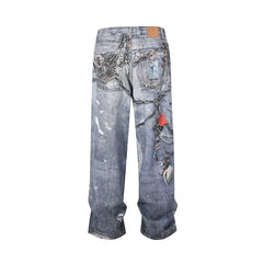Hearujoy High Street Chain Print Frayed Washed Baggy Jeans for Men and Women Y2k Casual Loose Denim Trousers Ropa Hombre Casual Pants