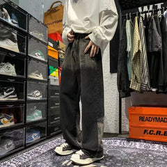 HEARUJOY - New Vintage Gradient Letter Prined Baggy Jeans Men High Street Straight Wide Leg Pants Korean Fashion Casual Black Y2K Jean