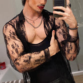 HEARUJOY - Mens esh Tops See Through Long Sleeve Floral Clubwear Party Tee Blouse Polyester Black Fit M~2XL Casual Button Down Shirts