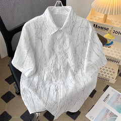 HEARUJOY - Men Fashion High Street Vintage Luxury Jacquard Lapel Button Down Shirt Summer Casual Short Sleeve Loose Tops Camisas De Hombre