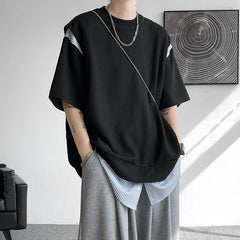 Hearujoy Fake Two Piece Striped Patchwork T-shirts Loose Mens Streetwear Casual  T Shirt 2024 Summer Short Sleeves Tshirt Tee Tops