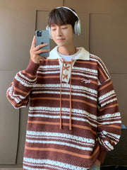 Hearujoy Polo Collar Striped Knit Sweater for Men Spring Autumn Japanese Retro Vintage Loose Fitting Couple Lazy Sweater
