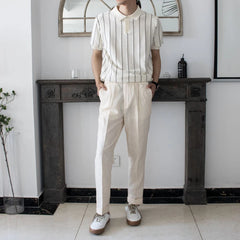 HEARUJOY - Summer New Men's Striped Knitted Short-Sleeved T-Shirt Retro Fashion Trend Casual Simple Loose Breathable Business Men's Tops