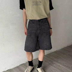 HEARUJOY - American Mens Summer Denim Shorts Trendy Retro Multiple Pockets Punk Mid Pants Tooling Loose Cowboy Five Quarter Pants Male