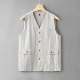 HEARUJOY - Casual Men Loose Linen Cotton Vest Japanese Retro Sold Color Multiple Pockets Workwear Sleeveless Top V-neck For Male