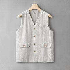 HEARUJOY - Casual Men Loose Linen Cotton Vest Japanese Retro Sold Color Multiple Pockets Workwear Sleeveless Top V-neck For Male