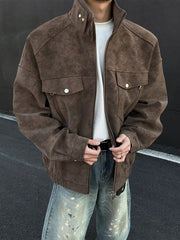 HEARUJOY - Vintage Men's Stand Collar Zip-up Jacket Coat Fall Winter New Casual Multi Pockets Cargo Jackets For Men Fashion Cardigan Tops