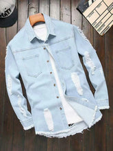 HEARUJOY - Men's Light Blue Ripped Distressed Washed Denim Long - Sleeve Shirt for Spring and Autumn