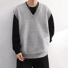 HEARUJOY - Men Knitted Sweater Vest Solid Color Autumn Winter Sleeveless V-neck Pullovers Male Casual Loose Waistcoat Korean Style Knitwear