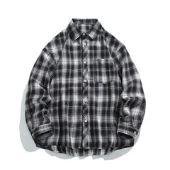 HEARUJOY - 5XL Long Sleeved Shirt Men Oversized Retro Plaid Shirt Men Japanese Streetwear Loose Casual Shirt Mens Vintage Shirts Plus Size