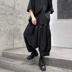 HEARUJOY - Mens Casual Big Pocket Cargo Pants Genderless Fashion Sports Dark Style Drawstring Loose Simple Streetwear Unisex