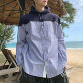 Hearujoy Spring Autumn Simple Temperament Loose Casual Fashion Oversized Versatile Striped Hooded Shirt Single-Breasted Spliced Tops