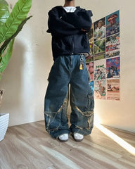 HEARUJOY - Y2K Baggy Jeans Star Pattern Stitching Tassel Pants Women American Retro High Street Jeans Loose Trendy Wide Leg Pants Clothes