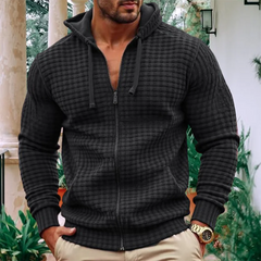 HEARUJOY - Stylish Loose Cardigan Tops Men Autumn Daily Casual Plaid Texture Zip-up Hooded Jackets For Mens Vintage Long Sleeve Jacket Coat