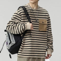 Hearujoy Men's Striped Long Sleeved T-shirt Men's Trendy T-shirt Men's Hoodie Men's Base Shirt Top