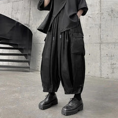 HEARUJOY - Mens Casual Big Pocket Cargo Pants Genderless Fashion Sports Dark Style Drawstring Loose Simple Streetwear Unisex