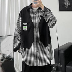 HEARUJOY - Fake Two-piece Plaid Spliced long-sleeved Shirt Loose Design Men's Casual Hong Kong Style Jacket Spring and Autumn New Style