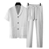 HEARUJOY - 2Pcs Set Summer Men Casual Sports Suit Fashion Geometry Pattern Man Short Sleeve Blazer Shirt Top+Pants Business High End Outfit