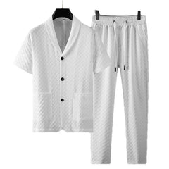 HEARUJOY - 2Pcs Set Summer Men Casual Sports Suit Fashion Geometry Pattern Man Short Sleeve Blazer Shirt Top+Pants Business High End Outfit