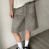 HEARUJOY - American Mens Summer Denim Shorts Trendy Retro Multiple Pockets Punk Mid Pants Tooling Loose Cowboy Five Quarter Pants Male