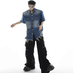 HEARUJOY - Y2K Cowboy Shirt Mens Summer Thin Shoulder Pads Retro Washed Short Sleeved Denim Jacket Hip Hop Burr Edge Design Loose Tops