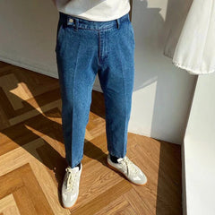 Hearujoy Mens French Slim Fashion Distressed High Waist Jeans Genderless Retro Solid Color Denim Straight Leg Casual Nine-Point Pants