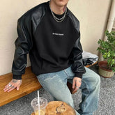 Hearujoy Mens Y2k Contrast Pu Leather Raglan Sleeves Sweatshirt Autumn And Winter Genderless Casual Loose Splicing Sweatshirt Unisex