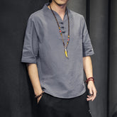 HEARUJOY - Mens Shirts Solid Color Vintage V Collar Short Sleeve Summer Casual Men Clothing Streetwear Chinese Style Shirt M-5XL