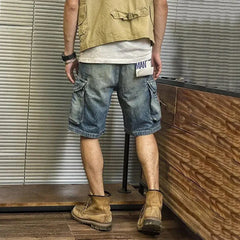 Hearujoy Men's Street Distressed Jeans Summer Fashion Workwear Retro Medium Pants Motorcycle Casual Loose Big Pocket Y2K Shorts