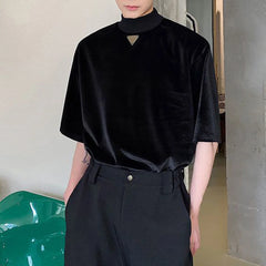 Hearujoy 2024 Summer Velvet Stand-up Collar Short-sleeved Men's T-shirt Personality Triangle Logo Trend Loose Top Ruffian Handsome Retro