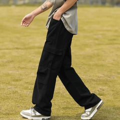 HEARUJOY - Off-white Work Casual Pants Men's 2025 American High Street Large Pocket Design Loose Straight Pants