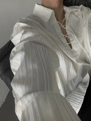 HEARUJOY - Vintage Drawstring Lace-up Lapel Shirt Mens Spring Autumn Fashion Long Sleeve Ribbed Polo Shirts Casual Textured Pullover Tops