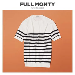 HEARUJOY - Summer Men's Fashion Casual Knitwear Versatile Top Striped Knitted Short Sleeved T-shirt Slim Fit O-Neck Retro Ice Silk Tee